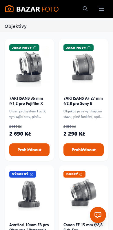 Kategorie Objektivy na bazarfoto.cz po redesignu, mobilní zobrazení