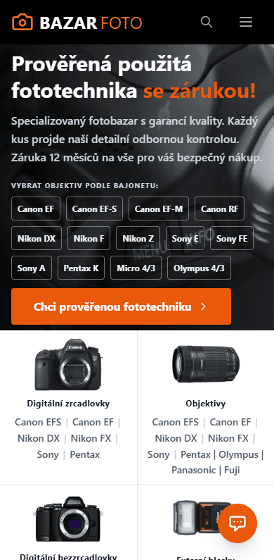 Homepage bazarfoto.cz po redesignu, mobilní zobrazení