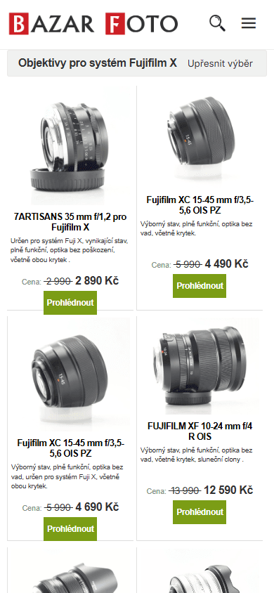 Kategorie Objektivy na bazarfoto.cz před redesignem, mobilní zobrazení