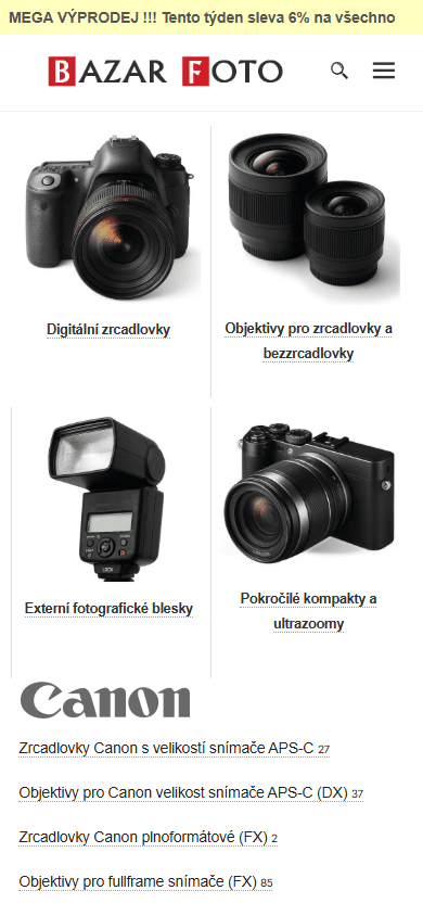 Homepage bazarfoto.cz před redesignem, mobilní zobrazení