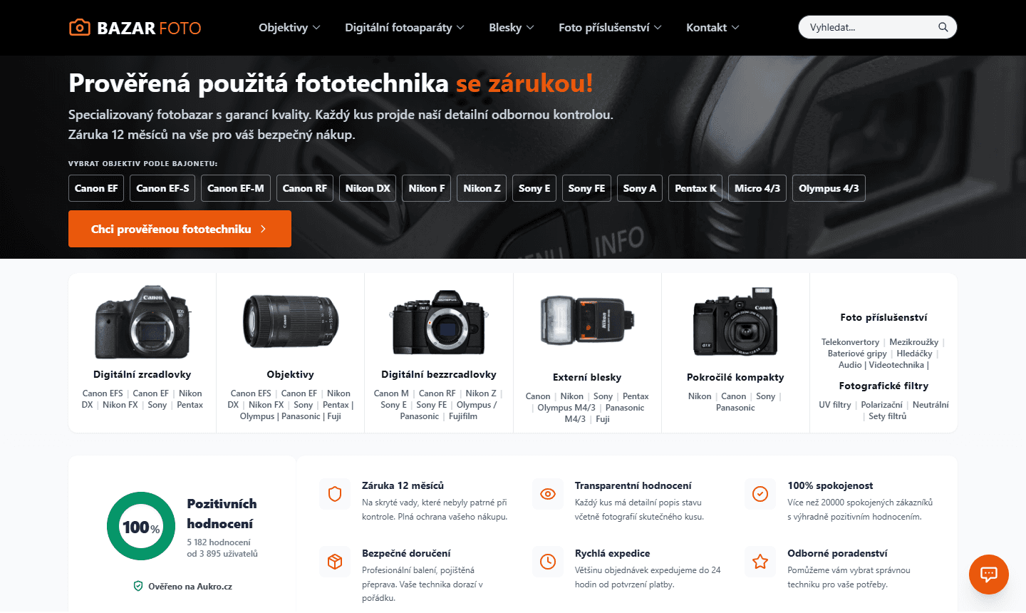 Homepage bazarfoto.cz po redesignu — tmavý hero s výběrem bajonetu a CTA