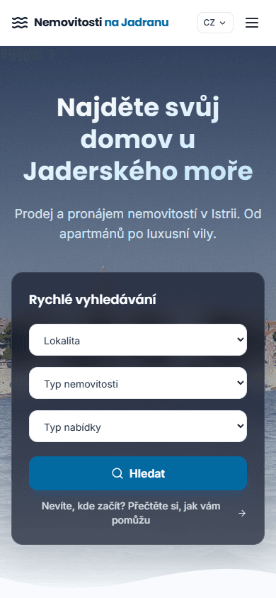 Homepage po přepisu - rychlé vyhledávání podle lokality, typu a nabídky