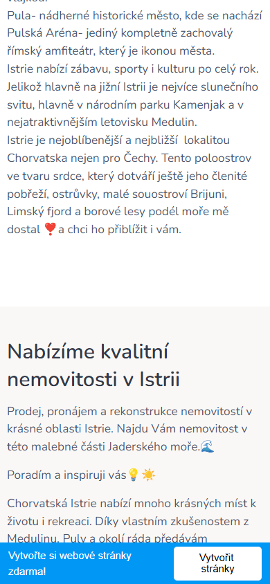 Původní web nemovitostinajadranu.webnode.cz - textová stránka bez filtrace nabídky