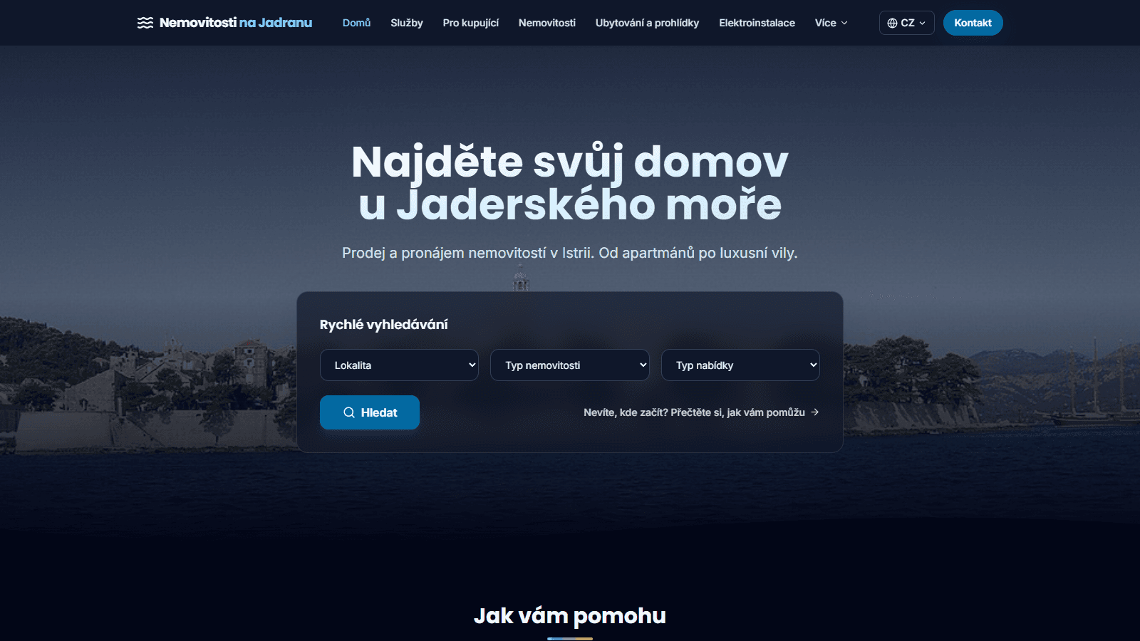 Homepage Nemovitosti na Jadranu v tmavém režimu - rychlé vyhledávání nemovitostí v Istrii